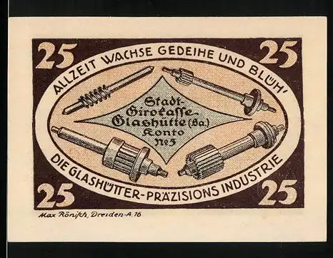 Notgeld Glashütte 1921, 25 Pfennig, Allzeit Wachse Gedeihe und Blühe, Stadt Glashütte Präzisionsindustrie