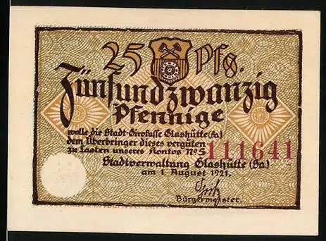 Notgeld Glashütte 1921, 25 Pfennig, Stadtverwaltung Glashütte mit Seriennummer 111641 und Gedicht