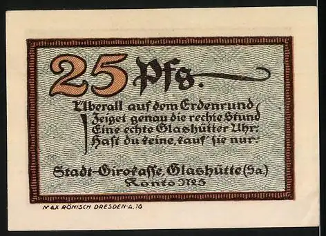 Notgeld Glashütte 1921, 25 Pfennig, Stadtverwaltung Glashütte mit Seriennummer 111641 und Gedicht