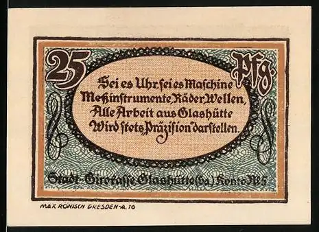 Notgeld Glashütte 1921, 25 Pfennig, Stadtverwaltung Glashütte mit Seriennummer 116198