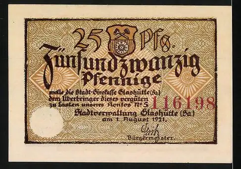 Notgeld Glashütte 1921, 25 Pfennig, Stadtverwaltung Glashütte mit Seriennummer 116198