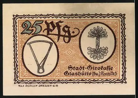 Notgeld Glashütte 1921, 25 Pfennig, Stadt-Girokasse Glashütte (Sa), Seriennummer 128101