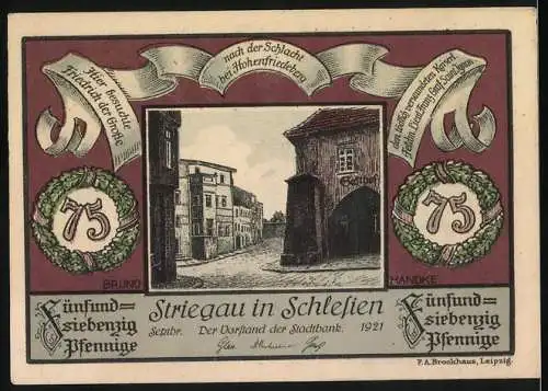 Notgeld Striegau, 1921, 75 Pfennig, Portrait Friedrich der Grosse, Strassenszene in Schlesien