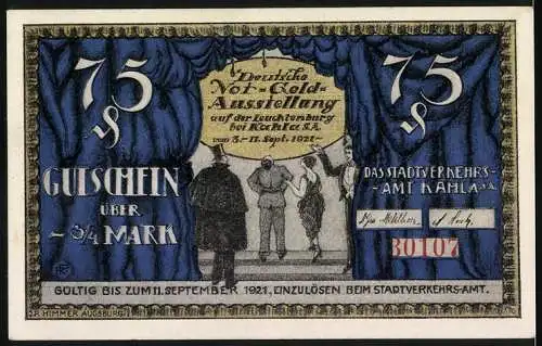 Notgeld Kahla 1921, 75 Pfennig, Drache, Deutsche Not-Geld-Ausstellung auf der Leuchtenburg bei Kahla