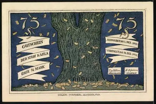 Notgeld Kahla 1921, 75 Pfennig, Starkbier macht Einigkeit - Gutscheinschein der Stadt Kahla über 3 /4 Mark