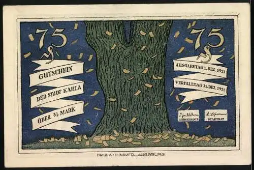 Notgeld Kahla 1921, 75 Pfennig, Bogenschütze richtet Pfeile auf gefesselten Mann, Ausgabe- und Verfalltag Dezember 1921