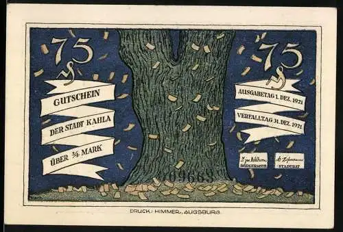 Notgeld Kahla 1921, 3 /4 Mark, Baum mit herabfallenden Blättern und kämpfende Menschengruppe