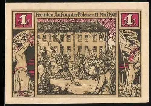 Notgeld Bielschowitz 1921, 1 Mark, Freuden-Aufzug der Polen am 11. Mai 1921, Industriearbeiter mit Stadtansicht