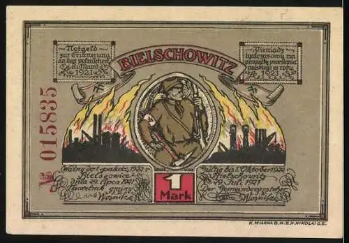Notgeld Bielschowitz 1921, 1 Mark, Freuden-Aufzug der Polen am 11. Mai 1921, Industriearbeiter mit Stadtansicht