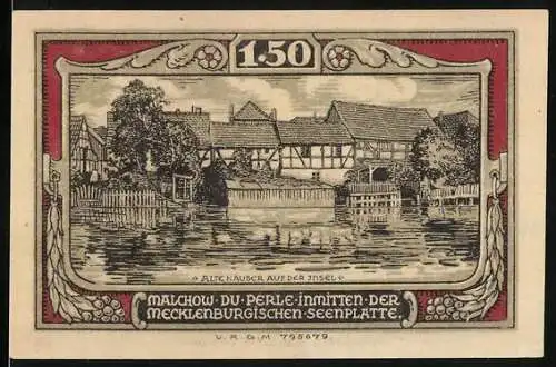 Notgeld Malchow, 1.50 Mark, Alte Häuser auf der Insel, Stadtwappen und Text der Stadtkasse