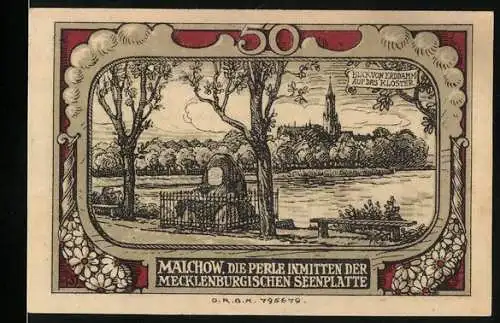 Notgeld Malchow, 1921, 50 Pfennig, Die Perle inmitten der Mecklenburgischen Seenplatte, Sparkasse der Stadt Malchow