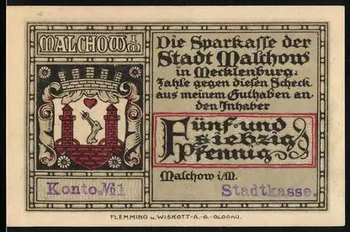 Notgeld Malchow, 1920, 75 Pfennig, Sparkasse der Stadt Malchow mit Wappen und Wirtschaftsgebäude