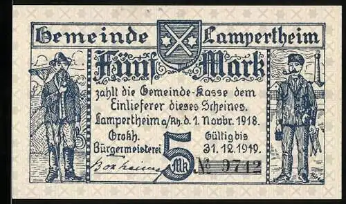 Notgeld Lampertheim 1918, 5 Mark, Illustrationen von zwei Männern und Gemeindewappen, gültig bis 1919