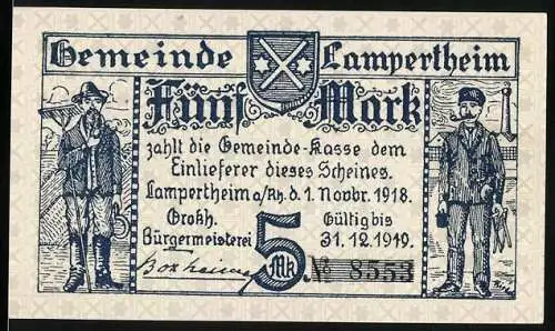 Notgeld Lampertheim 1918, 5 Mark, Darstellung von zwei Figuren und einem Wappen, gültig bis 31.12.1919