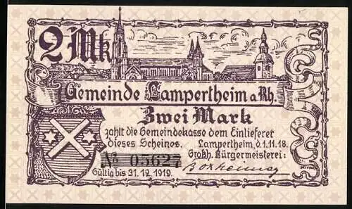 Notgeld Lampertheim 1918, 2 Mark, Gemeinde Lampertheim a. Rh., Gültig bis 31.12.1919, Lila Druck, Stadtansicht, Wappen