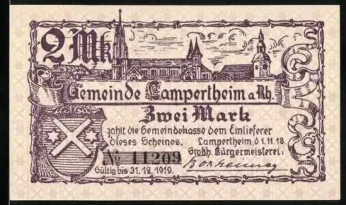 Notgeld Lampertheim 1918, 2 Mark, Gemeinde Lampertheim am Rhein, Gültig bis 31.10.1919