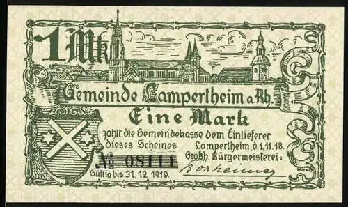 Notgeld Lampertheim a. Rh., 1918, 1 Mark, Gemeinde Lampertheim mit Stadtansicht und Wappen, gültig bis 31.12.1919