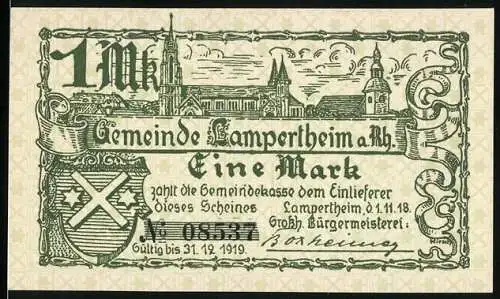 Notgeld Lampertheim 1918, 1 Mark, Gemeinde Lampertheim a. Rh. mit Stadtansicht und Wappen, gültig bis 31.12.1919