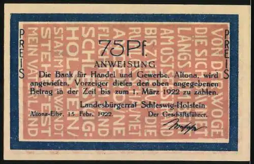 Notgeld Altona, 1922, 75 Pf, Wanke nicht, 18.4.1864, Anweisung der Bank für Handel und Gewerbe