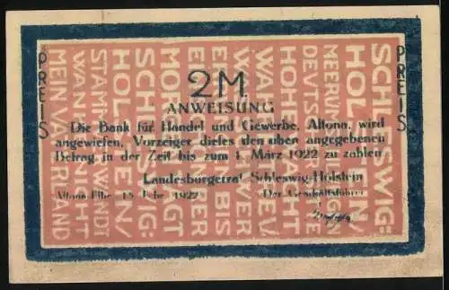 Notgeld Altona 1922, 2 Mark, Friedrich Chemnitz Porträt und Wappen auf Vorderseite, Anweisungstext auf Rückseite