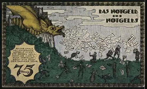 Notgeld Kahla 1921, 75 Pfennig, Deutsche Not-Geld Ausstellung, Stadtverkehrsamt Kahla, Drache