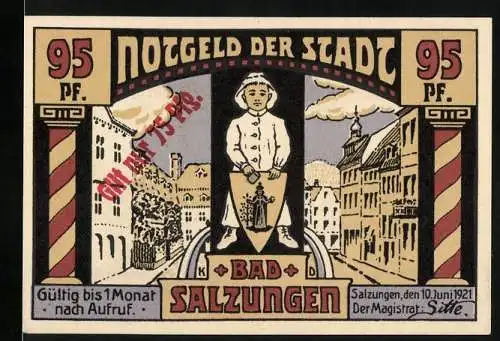 Notgeld Bad Salzungen, 1921, 95 Pf Stempel 75 Pf, Stadtansicht mit Kind auf Wappen