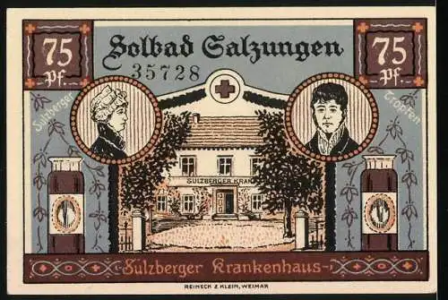 Notgeld Bad Salzungen, 1921, 95 Pf Stempel 75 Pf, Stadtansicht mit Kind auf Wappen