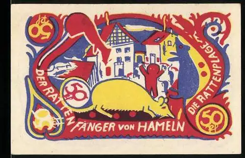 Notgeld Hameln, 1922, 50 Pfennig, Der Rattenfänger von Hameln, Gutschein der Stadt Hameln über 50