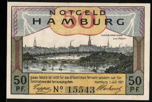 Notgeld Hamburg 1921, 50 Pf, Lombardsbrücke und Alster, Hamb. Bürg. Militär, Tambourmajor u. Tambours