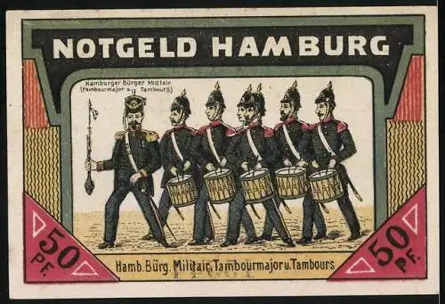 Notgeld Hamburg 1921, 50 Pf, Lombardsbrücke und Alster, Hamb. Bürg. Militär, Tambourmajor u. Tambours