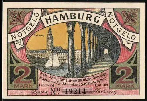 Notgeld Hamburg 1921, 2 Mark, Rathaus und Bürger-Militär, Artillerie, Segelschiff, Serie No. 19214