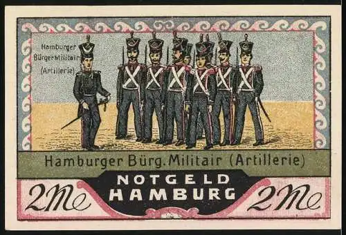 Notgeld Hamburg 1921, 2 Mark, Rathaus und Bürger-Militär, Artillerie, Segelschiff, Serie No. 19214