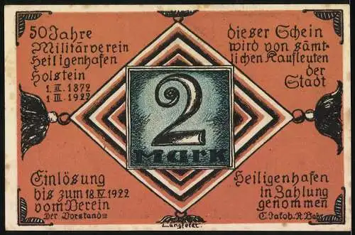 Notgeld Heiligenhafen 1922, 2 Mark, 50 Jahre Militärverein Heiligenhafen, lever dod as slav