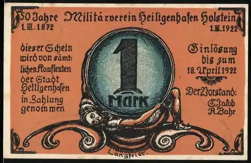 Notgeld Heiligenhafen 1922, 1 Mark, 50 Jahre Militärverein, Gültigkeit bis 18.April 1922, Rückseite Soldaten am Kreuz