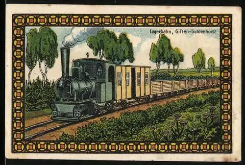 Notgeld Lichtenhorst, 75 Pfennig, Kriegsgefangenen Lagerbahn und Lageransicht mit Zug, Kleinbahn, Eisenbahn