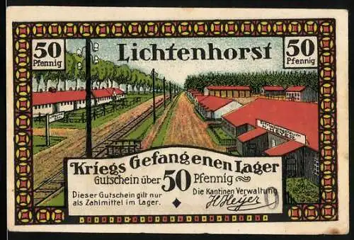 Notgeld Lichtenhorst, 50 Pfennig, Kriegsgefangenenlager, Lageransicht und Kultur-Arbeit der Kriegsgefangenen