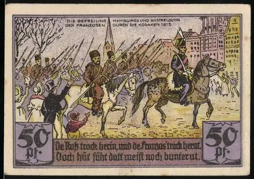 Notgeld Hamburg 1921,50 Pf, Befreiung der Franzosen durch Kosaken und Sportvereinigung St. Georg