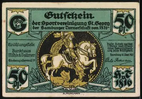 Notgeld Hamburg 1921,50 Pf, Befreiung der Franzosen durch Kosaken und Sportvereinigung St. Georg