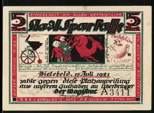 Notgeld Bielefeld 1921, 5 Mark, Jubiläum 700 Jahre Stadt, Illustration mit rotem Pferd und Historie der Stadt