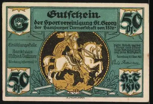 Notgeld Hamburg 1921, 50 Pf, Alsterschifffahrt und Reiter auf Pferd, Sportvereinigung St. Georg