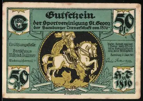 Notgeld Hamburg 1921, 50 Pf, Gutschein der Sportvereinigung St. Georg, Vorderseite Reiter, Rückseite Feuerwerk