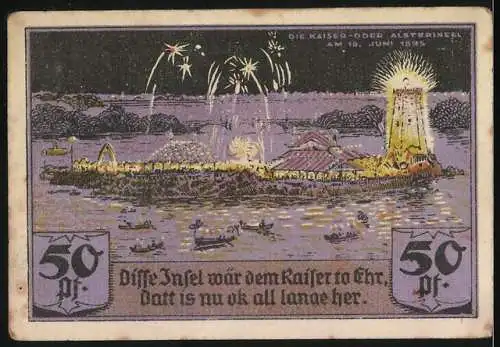 Notgeld Hamburg 1921, 50 Pf, Gutschein der Sportvereinigung St. Georg, Vorderseite Reiter, Rückseite Feuerwerk