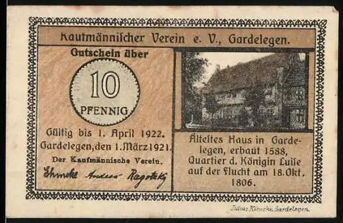 Notgeld Gardelegen, 1921, 10 Pfennig, Ältestes Haus in Gardelegen erbaut 1588, Otto Reutter Zitat auf Rückseite