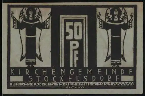 Notgeld Stockelsdorf 1921, 50 Pf, Kirchengemeinde mit Engeln und Bauernhaus