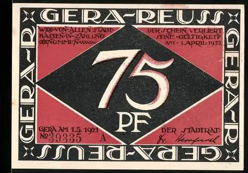 Notgeld Gera-Reuss, 1921, 75 Pfennig, Grafik eines Mannes mit Fackel und brennendem Gebäude