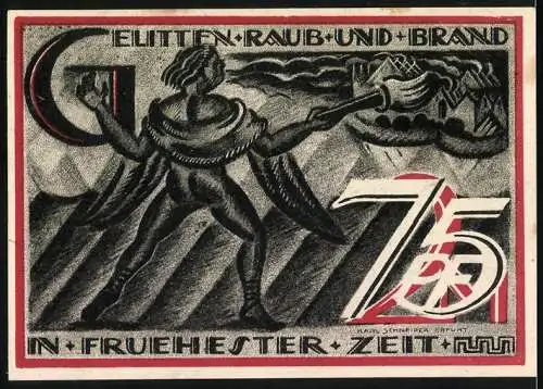 Notgeld Gera-Reuss, 1921, 75 Pfennig, Grafik eines Mannes mit Fackel und brennendem Gebäude