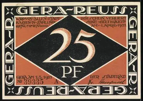 Notgeld Gera-Reuss 1921, 25 Pf, Arme Familie und Gültigkeitsangabe