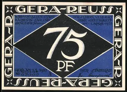 Notgeld Gera-Reuss 1921, 75 Pfennig, Vorderseite mit Wertangabe und Rückseite mit Heinrichs Abbildung