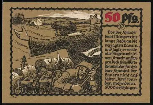 Notgeld Mühlhausen 1921, 50 Pfennig, Illustration von Schlacht und Bauernkrieg 1523-1525