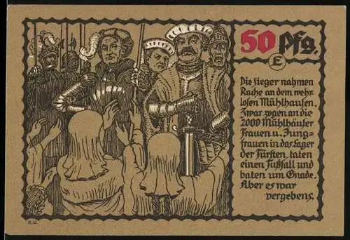 Notgeld Mühlhausen, 1921, 50 Pfennig, historische Szene mit Rittern und Frauen, Bauernkrieg 1523-1525